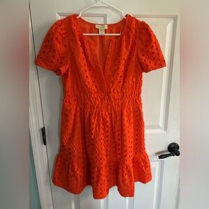 Cynthia Rowley Vibrant Orange Eyelet V-Neck Mini Dress